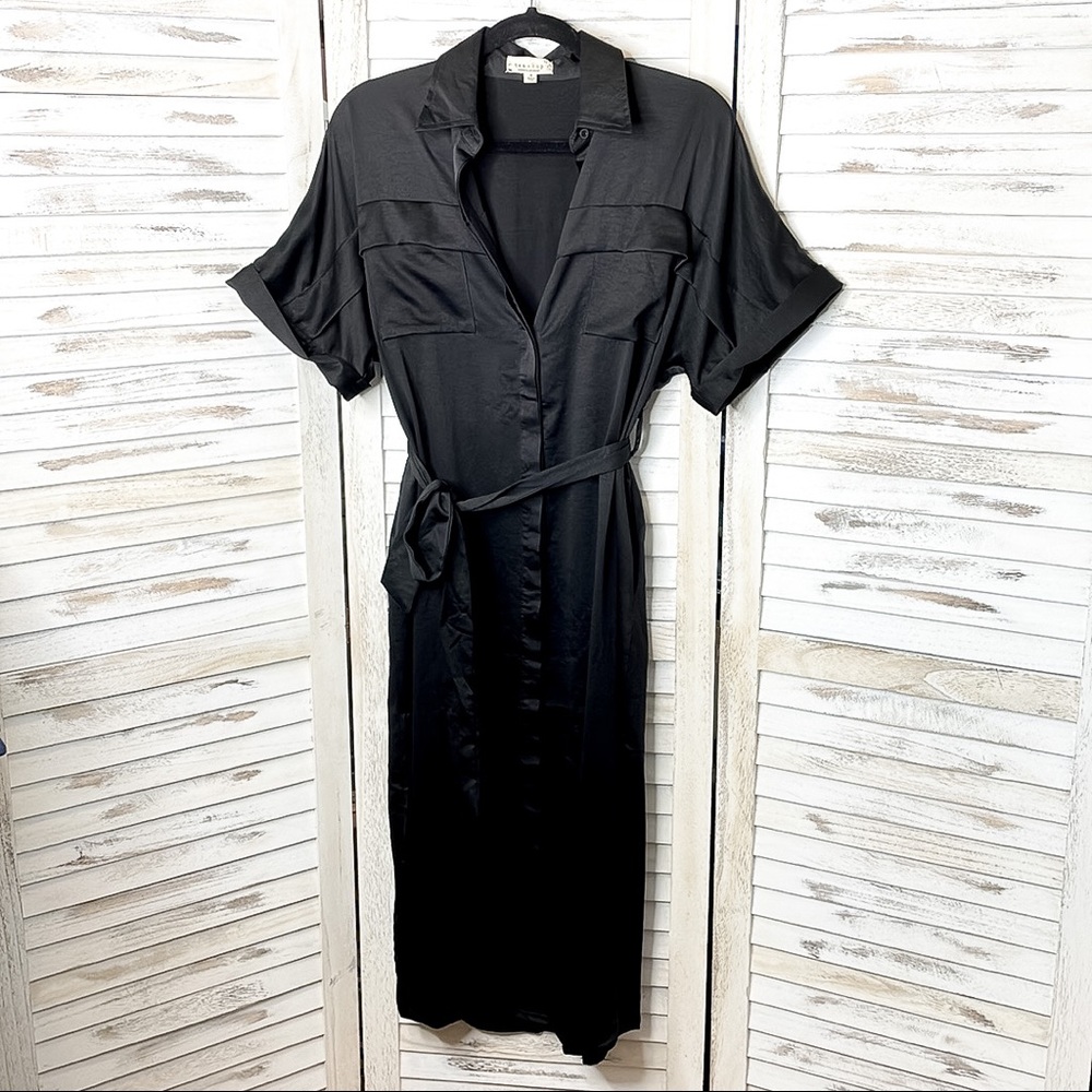 Vici Black Button-Front Midi Shirtdress with Waist Tie - Picture 6 of 16
